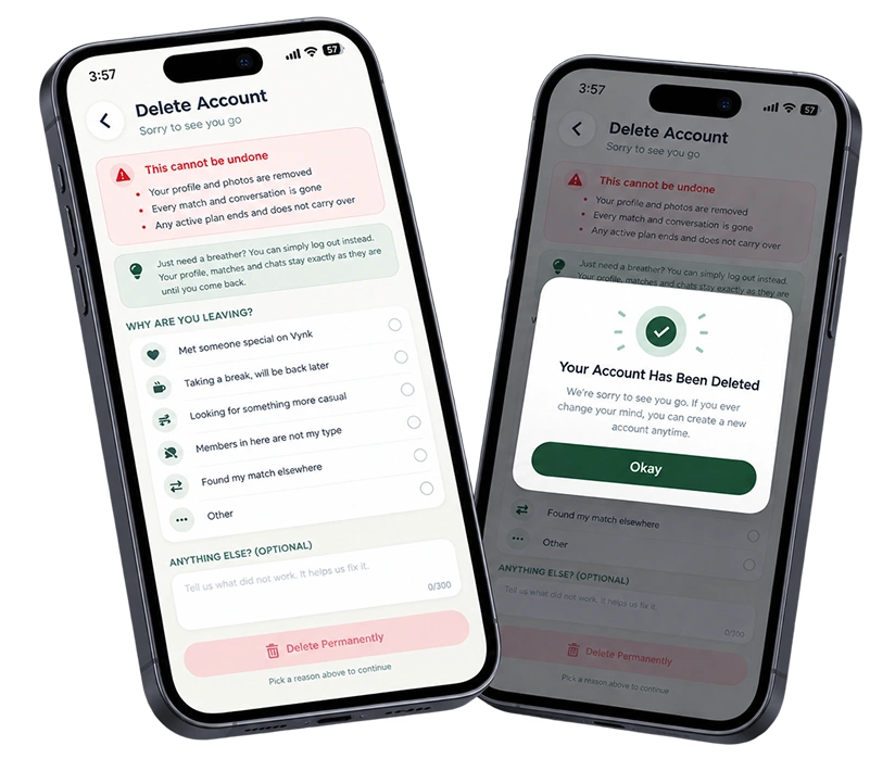 Delete your Vynk account from the app